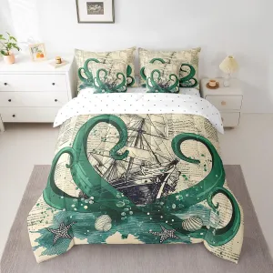 Erosebridal Octopus Tentacles Bed in a Bag King Size Comforter Set 7 Pieces,Nautical Retro Sailboat Bedding Sets Ocean World Map Sheet Set with Comforter