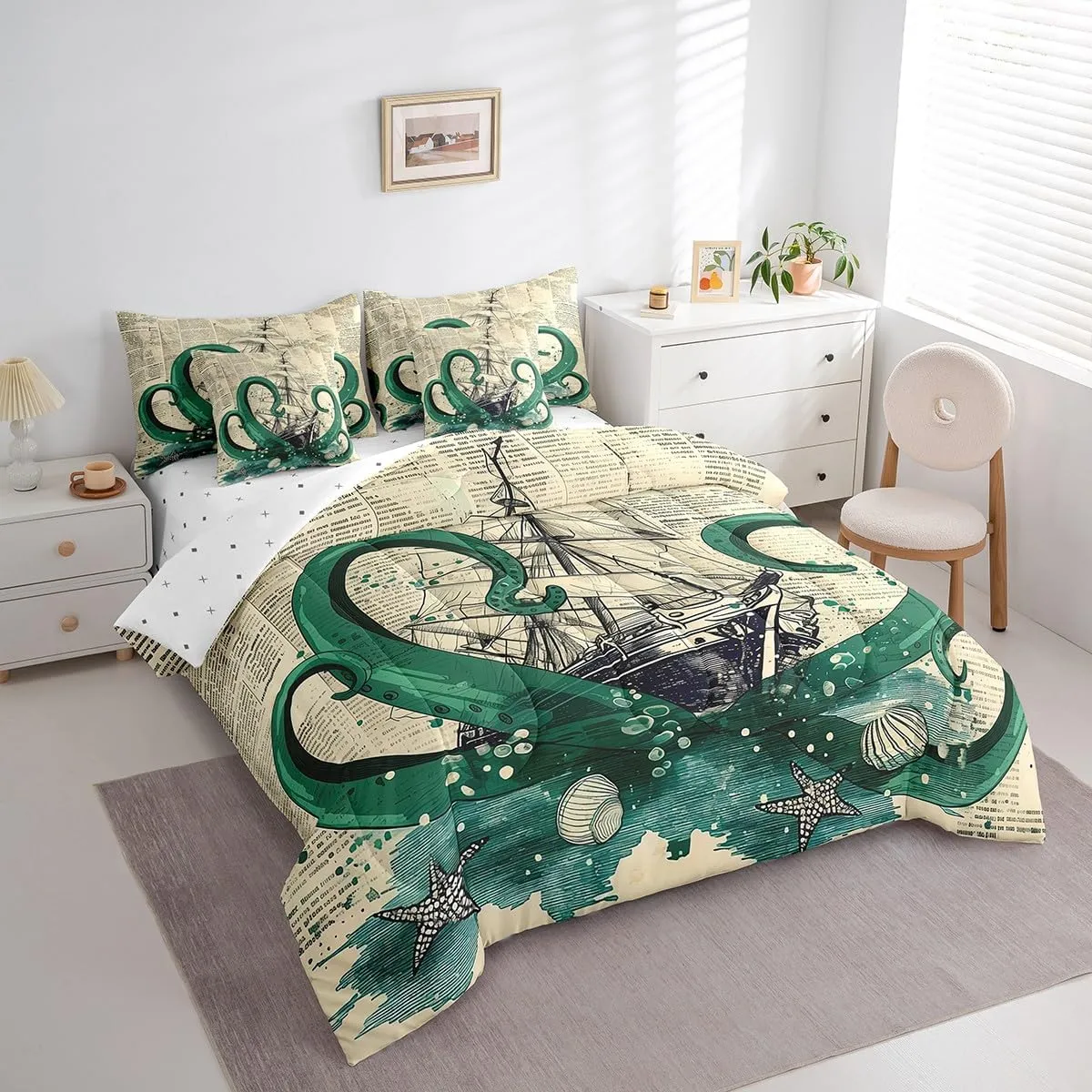 Erosebridal Octopus Tentacles Bed in a Bag King Size Comforter Set 7 Pieces,Nautical Retro Sailboat Bedding Sets Ocean World Map Sheet Set with Comforter