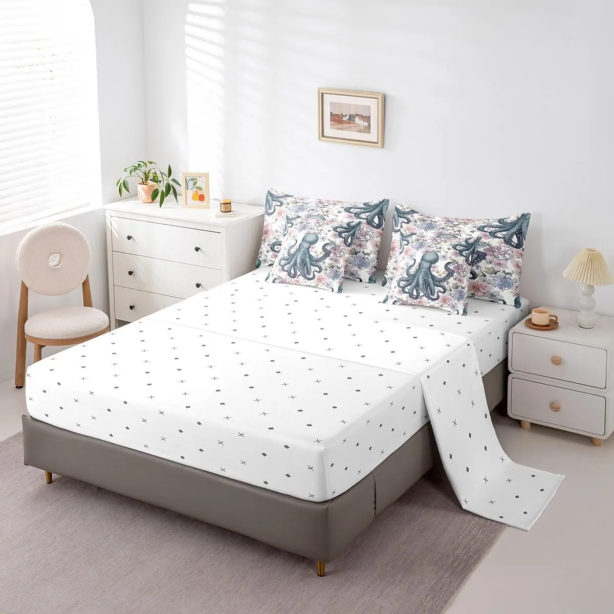 Erosebridal Octopus Tentacles Bed in a Bag Queen Comforter Set 7 Piece,Boho Floral Bedding Sets Ocean Nautical Sea Animal Sheet Set with Comforter