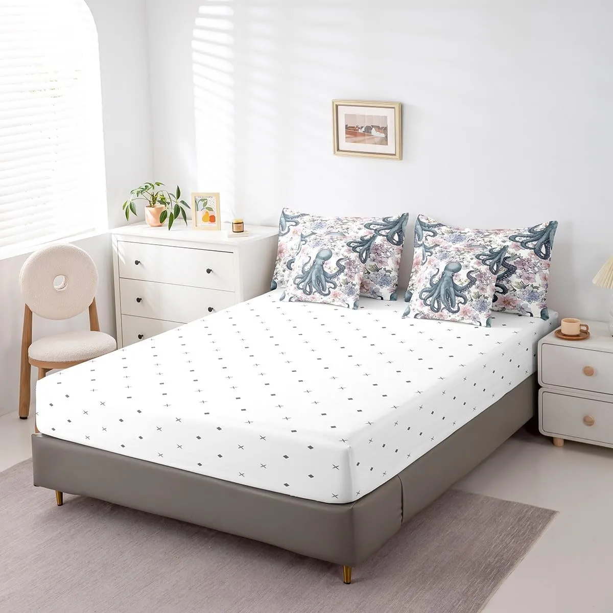 Erosebridal Octopus Tentacles Bed in a Bag Queen Comforter Set 7 Piece,Boho Floral Bedding Sets Ocean Nautical Sea Animal Sheet Set with Comforter
