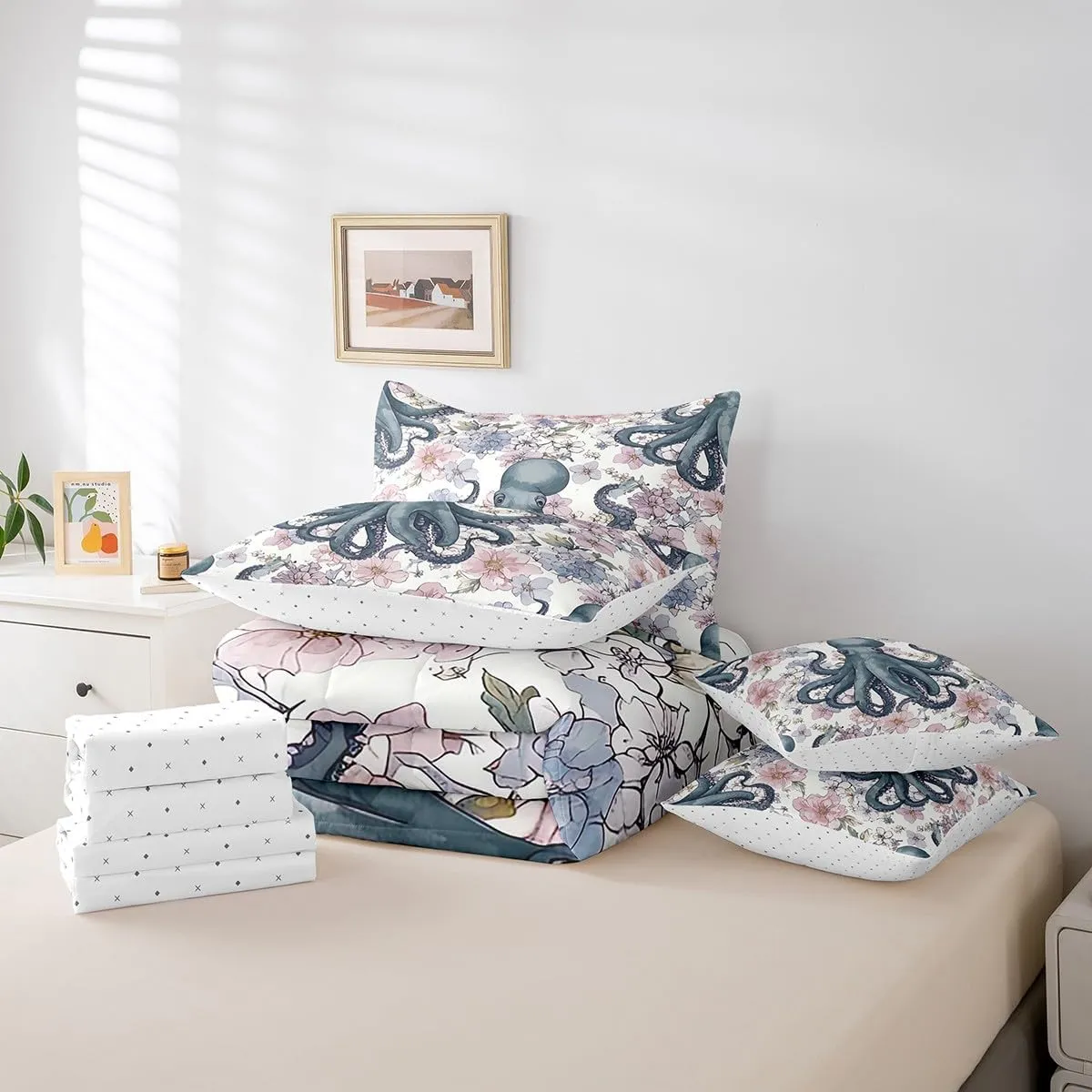 Erosebridal Octopus Tentacles Bed in a Bag Queen Comforter Set 7 Piece,Boho Floral Bedding Sets Ocean Nautical Sea Animal Sheet Set with Comforter
