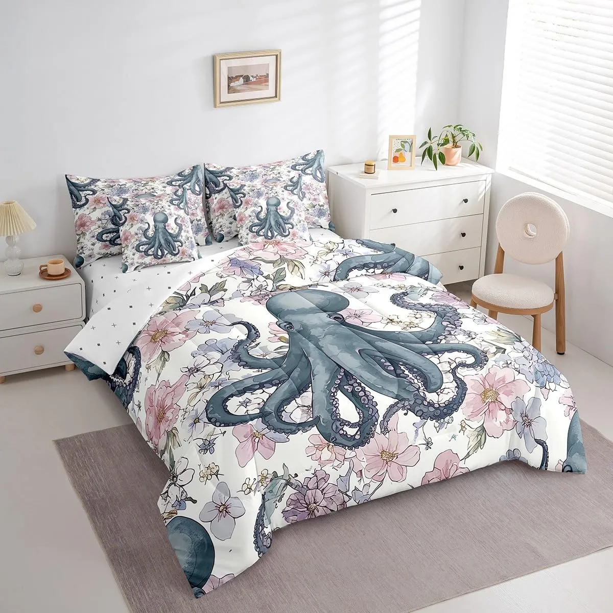 Erosebridal Octopus Tentacles Bed in a Bag Queen Comforter Set 7 Piece,Boho Floral Bedding Sets Ocean Nautical Sea Animal Sheet Set with Comforter