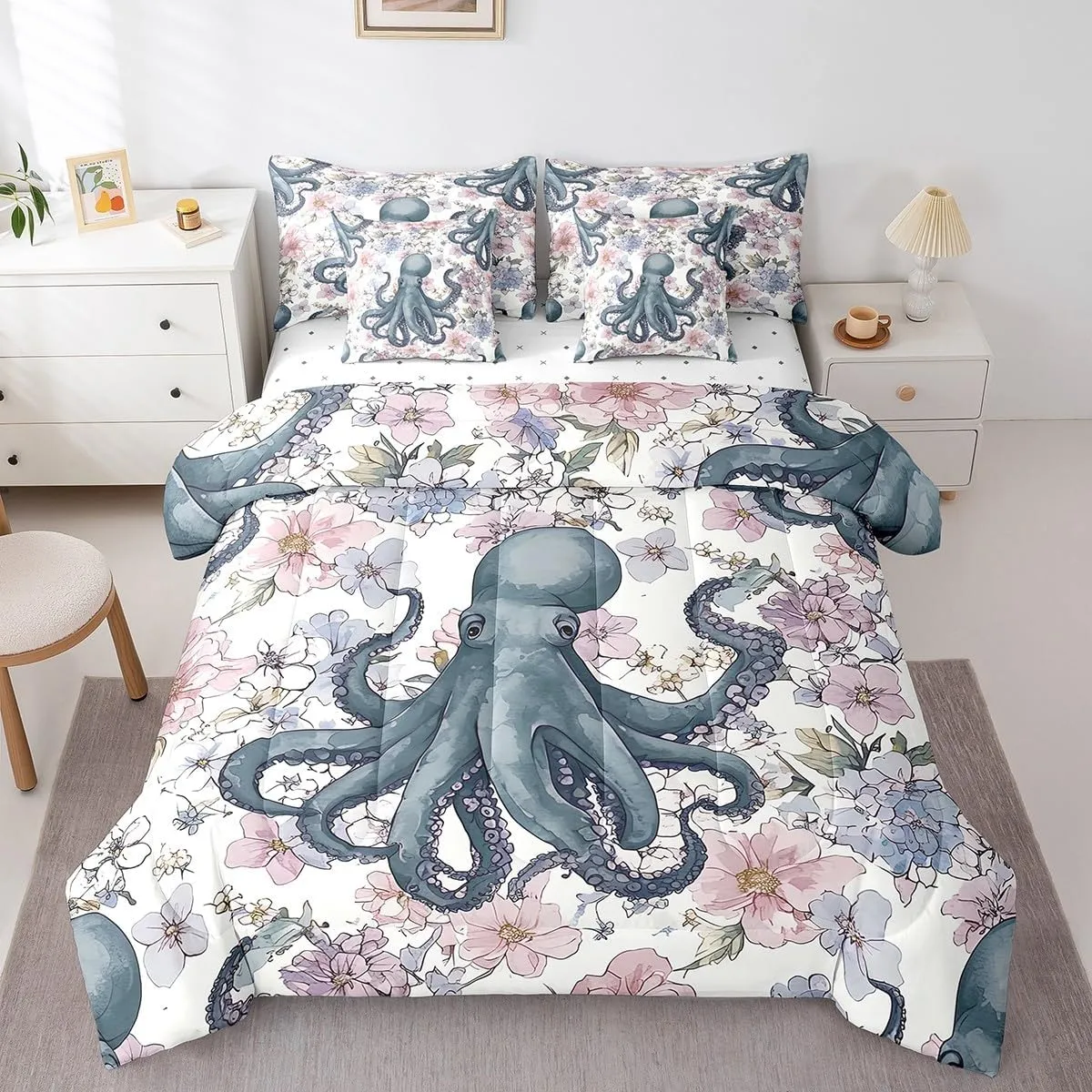 Erosebridal Octopus Tentacles Bed in a Bag Queen Comforter Set 7 Piece,Boho Floral Bedding Sets Ocean Nautical Sea Animal Sheet Set with Comforter
