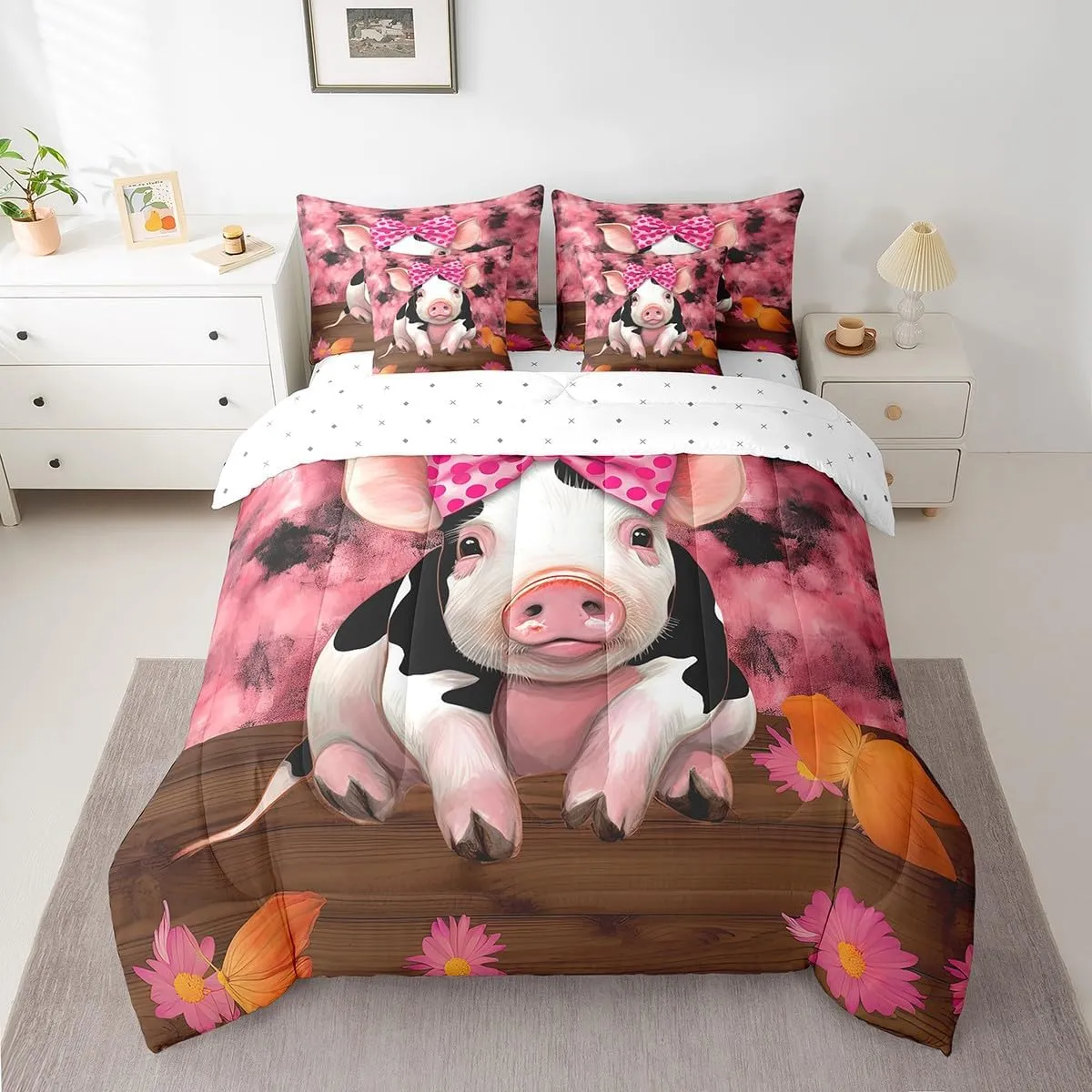 Erosebridal Pink Pig Queen Size Comforter Set - Bedding Set Queen 7 Pieces,Butterfly Daisy Flowers Bed in a Bag Farm Animals Western Farmhouse Decor Bed Set with Comforter,Sheets,Pillowcases & Shams