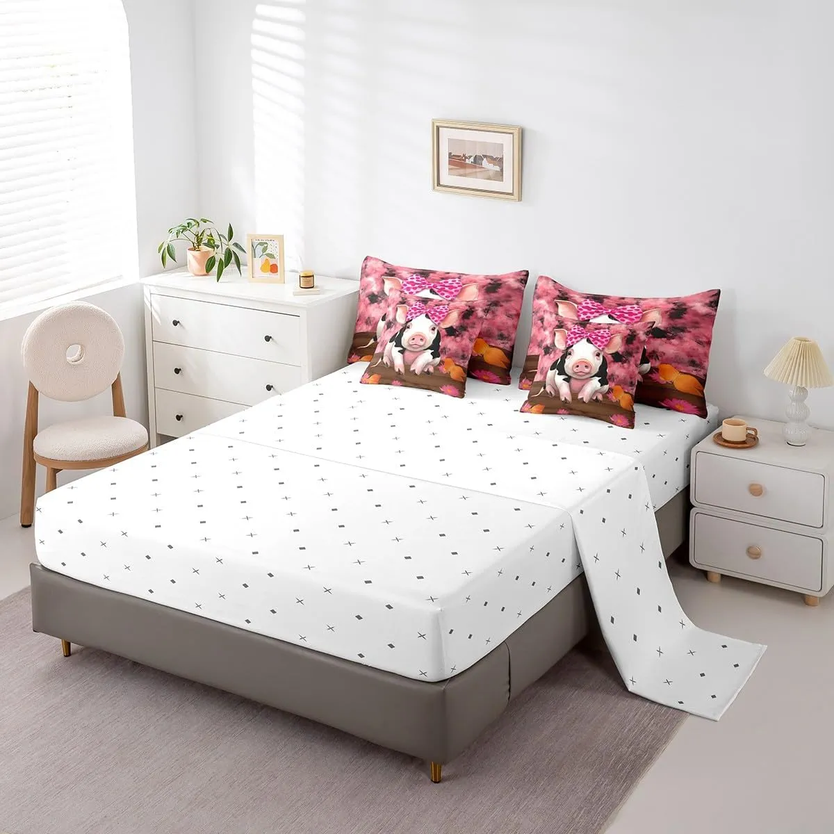 Erosebridal Pink Pig Queen Size Comforter Set - Bedding Set Queen 7 Pieces,Butterfly Daisy Flowers Bed in a Bag Farm Animals Western Farmhouse Decor Bed Set with Comforter,Sheets,Pillowcases & Shams