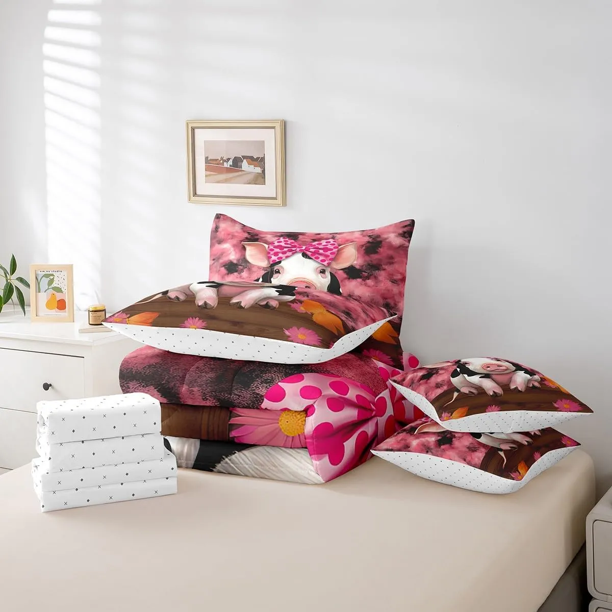 Erosebridal Pink Pig Queen Size Comforter Set - Bedding Set Queen 7 Pieces,Butterfly Daisy Flowers Bed in a Bag Farm Animals Western Farmhouse Decor Bed Set with Comforter,Sheets,Pillowcases & Shams