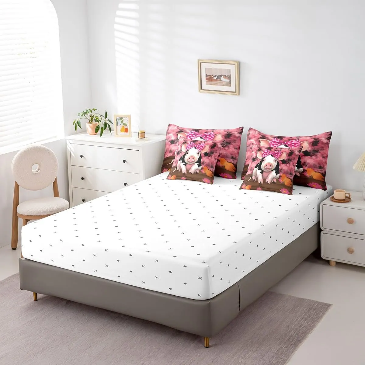 Erosebridal Pink Pig Queen Size Comforter Set - Bedding Set Queen 7 Pieces,Butterfly Daisy Flowers Bed in a Bag Farm Animals Western Farmhouse Decor Bed Set with Comforter,Sheets,Pillowcases & Shams