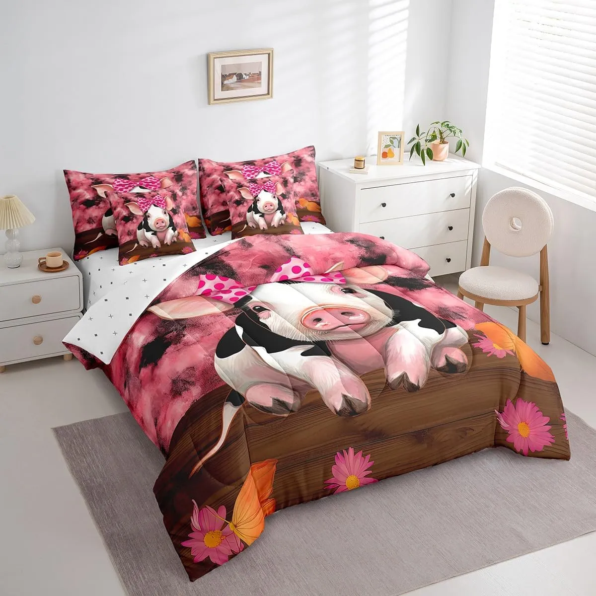 Erosebridal Pink Pig Queen Size Comforter Set - Bedding Set Queen 7 Pieces,Butterfly Daisy Flowers Bed in a Bag Farm Animals Western Farmhouse Decor Bed Set with Comforter,Sheets,Pillowcases & Shams