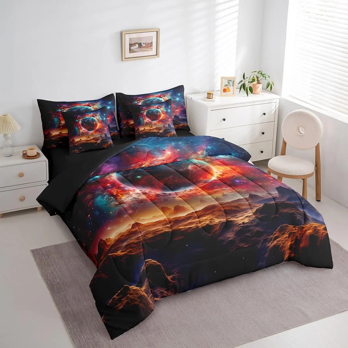 Erosebridal Planet Bed in a Bag Queen Comforter Set 7 Piece,Sun Moon Galaxy Bedding Sets Universe Nebula Outer Space Sheet Set with Comforter