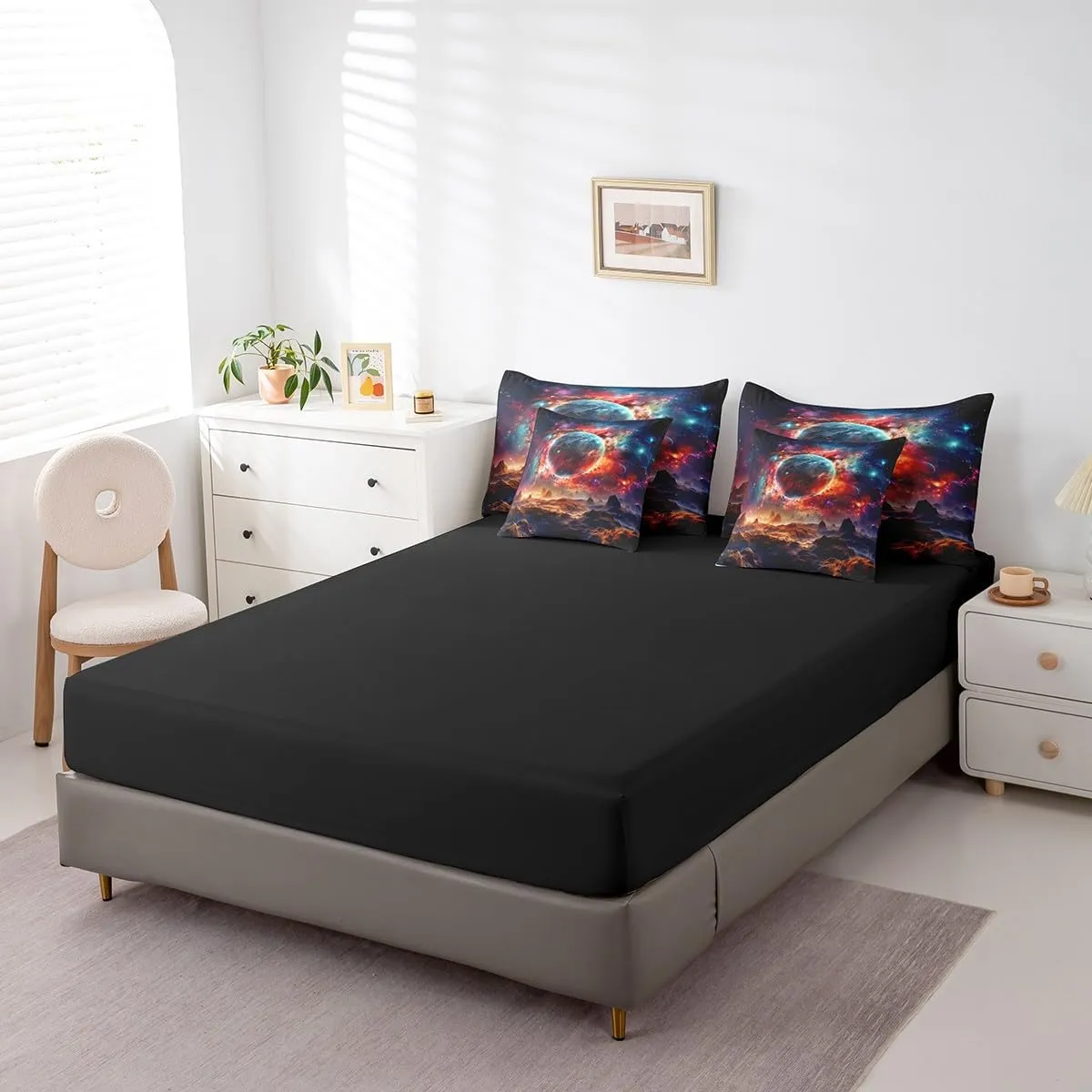Erosebridal Planet Bed in a Bag Queen Comforter Set 7 Piece,Sun Moon Galaxy Bedding Sets Universe Nebula Outer Space Sheet Set with Comforter