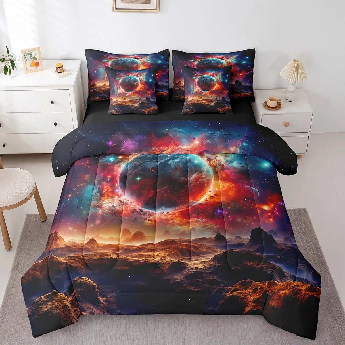Erosebridal Planet Bed in a Bag Queen Comforter Set 7 Piece,Sun Moon Galaxy Bedding Sets Universe Nebula Outer Space Sheet Set with Comforter