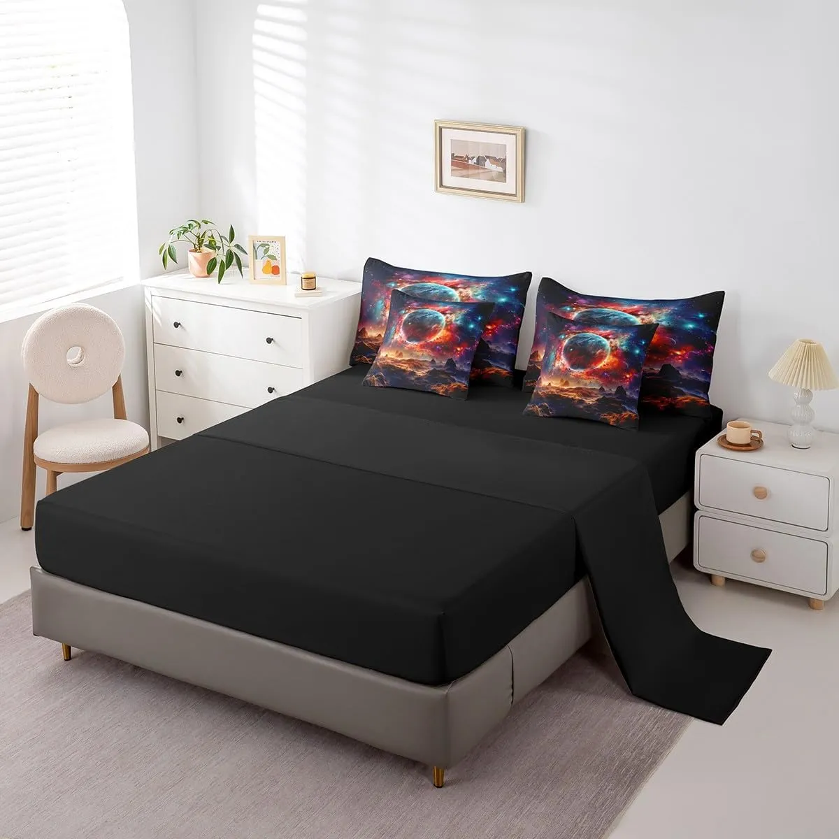 Erosebridal Planet Bed in a Bag Queen Comforter Set 7 Piece,Sun Moon Galaxy Bedding Sets Universe Nebula Outer Space Sheet Set with Comforter