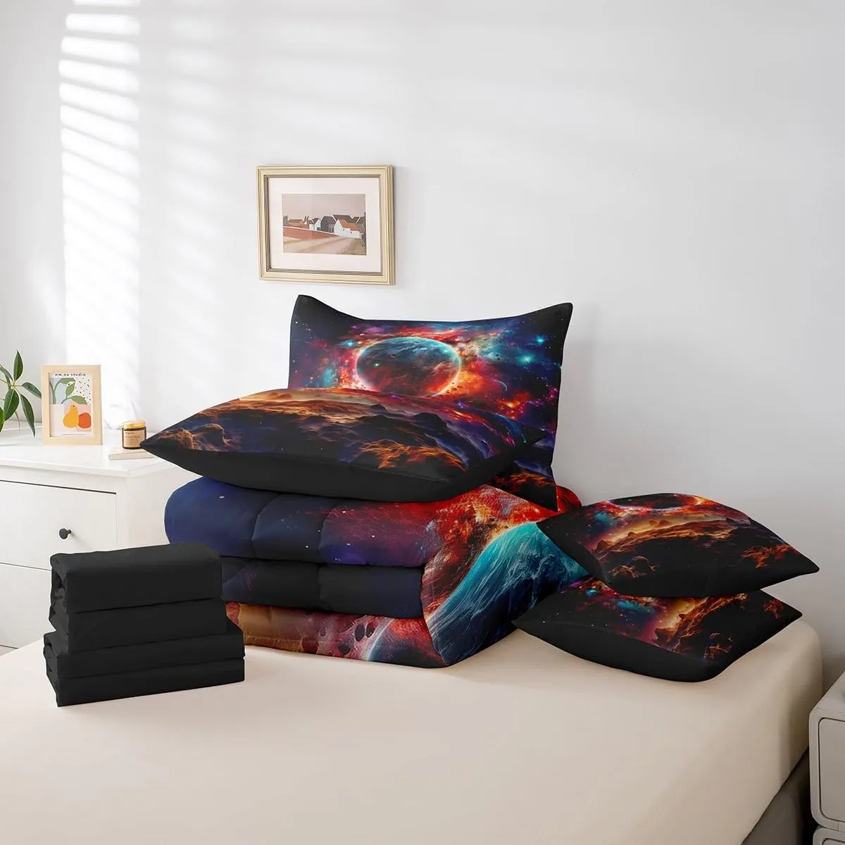 Erosebridal Planet Bed in a Bag Queen Comforter Set 7 Piece,Sun Moon Galaxy Bedding Sets Universe Nebula Outer Space Sheet Set with Comforter