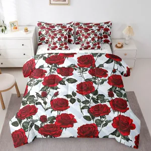 Erosebridal Red Rose Bed in a Bag King Size Comforter Set 7 Pieces,Romantic Floral Bedding Sets Garden Flower Sheet Set with Comforter,Botanical Leaf Bed Set