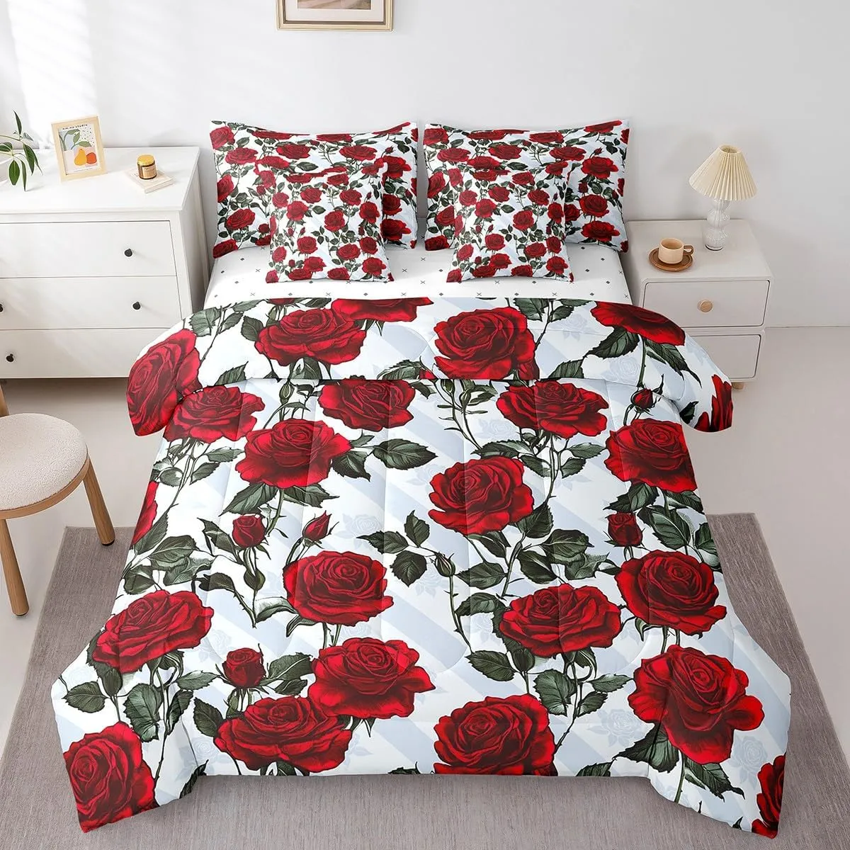 Erosebridal Red Rose Bed in a Bag King Size Comforter Set 7 Pieces,Romantic Floral Bedding Sets Garden Flower Sheet Set with Comforter,Botanical Leaf Bed Set
