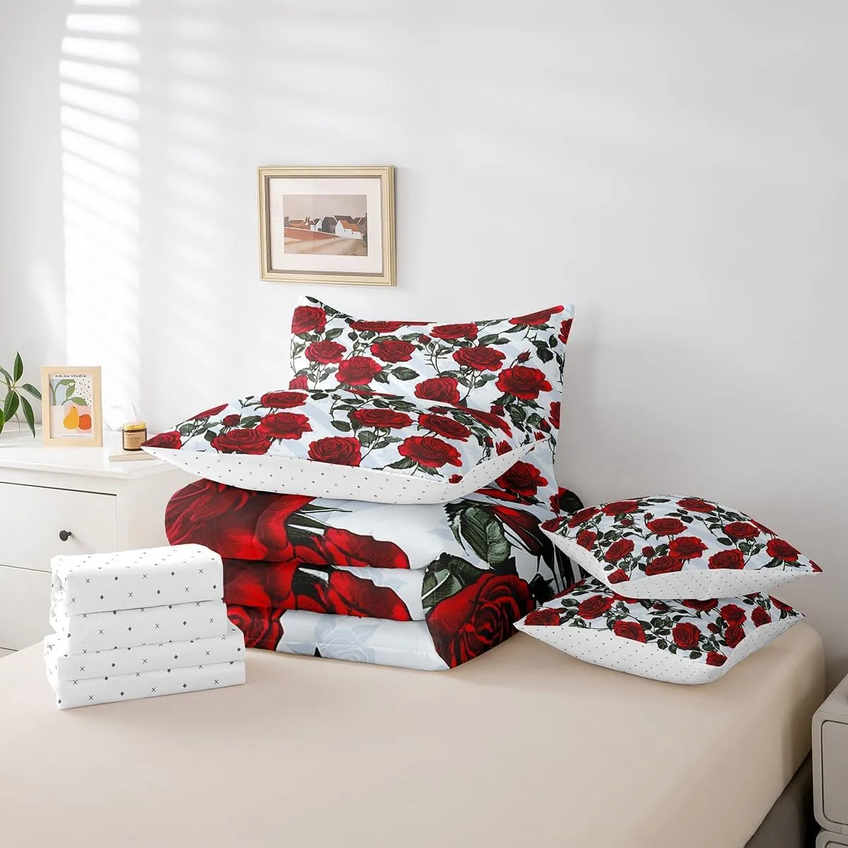 Erosebridal Red Rose Bed in a Bag King Size Comforter Set 7 Pieces,Romantic Floral Bedding Sets Garden Flower Sheet Set with Comforter,Botanical Leaf Bed Set
