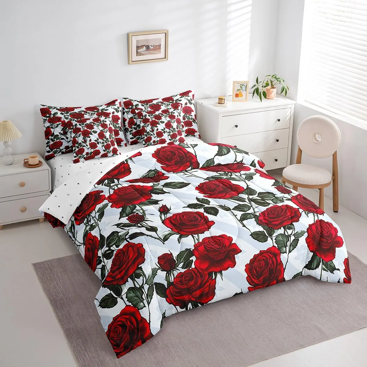 Erosebridal Red Rose Bed in a Bag King Size Comforter Set 7 Pieces,Romantic Floral Bedding Sets Garden Flower Sheet Set with Comforter,Botanical Leaf Bed Set