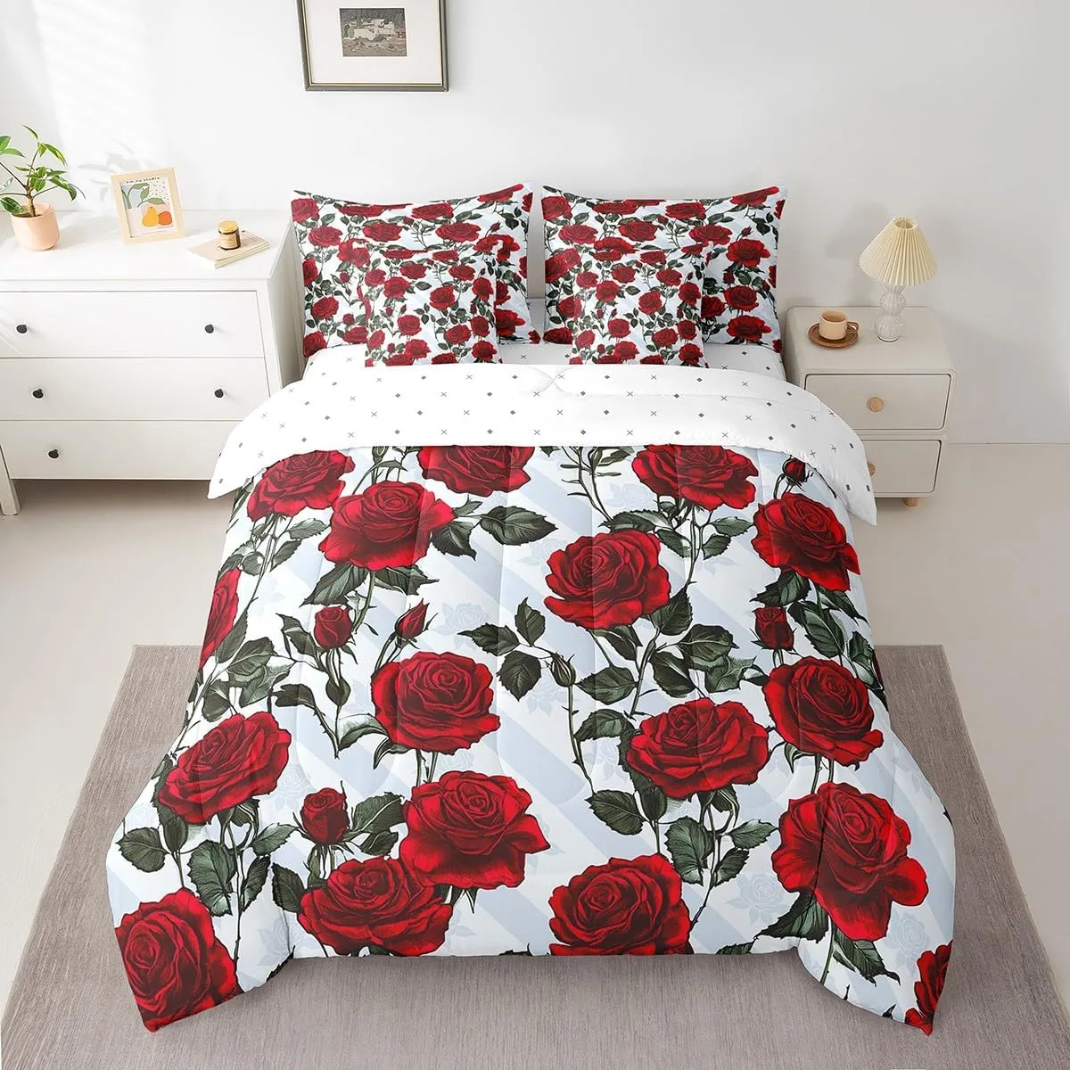 Erosebridal Red Rose Bed in a Bag King Size Comforter Set 7 Pieces,Romantic Floral Bedding Sets Garden Flower Sheet Set with Comforter,Botanical Leaf Bed Set
