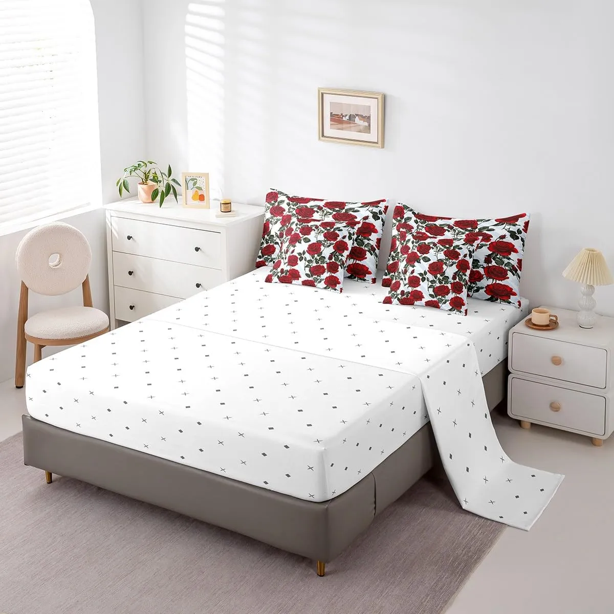 Erosebridal Red Rose Bed in a Bag King Size Comforter Set 7 Pieces,Romantic Floral Bedding Sets Garden Flower Sheet Set with Comforter,Botanical Leaf Bed Set