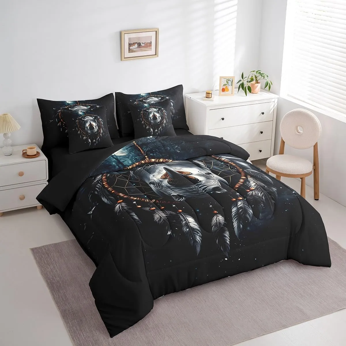 Erosebridal Rhinoceros Bed in a Bag Queen Comforter Set 7 Piece,Dream Catcher Bedding Sets,Boho Feather Sheet Set with Comforter Nautical Sea Animals Bed Set,Exotic Bohemian Decor