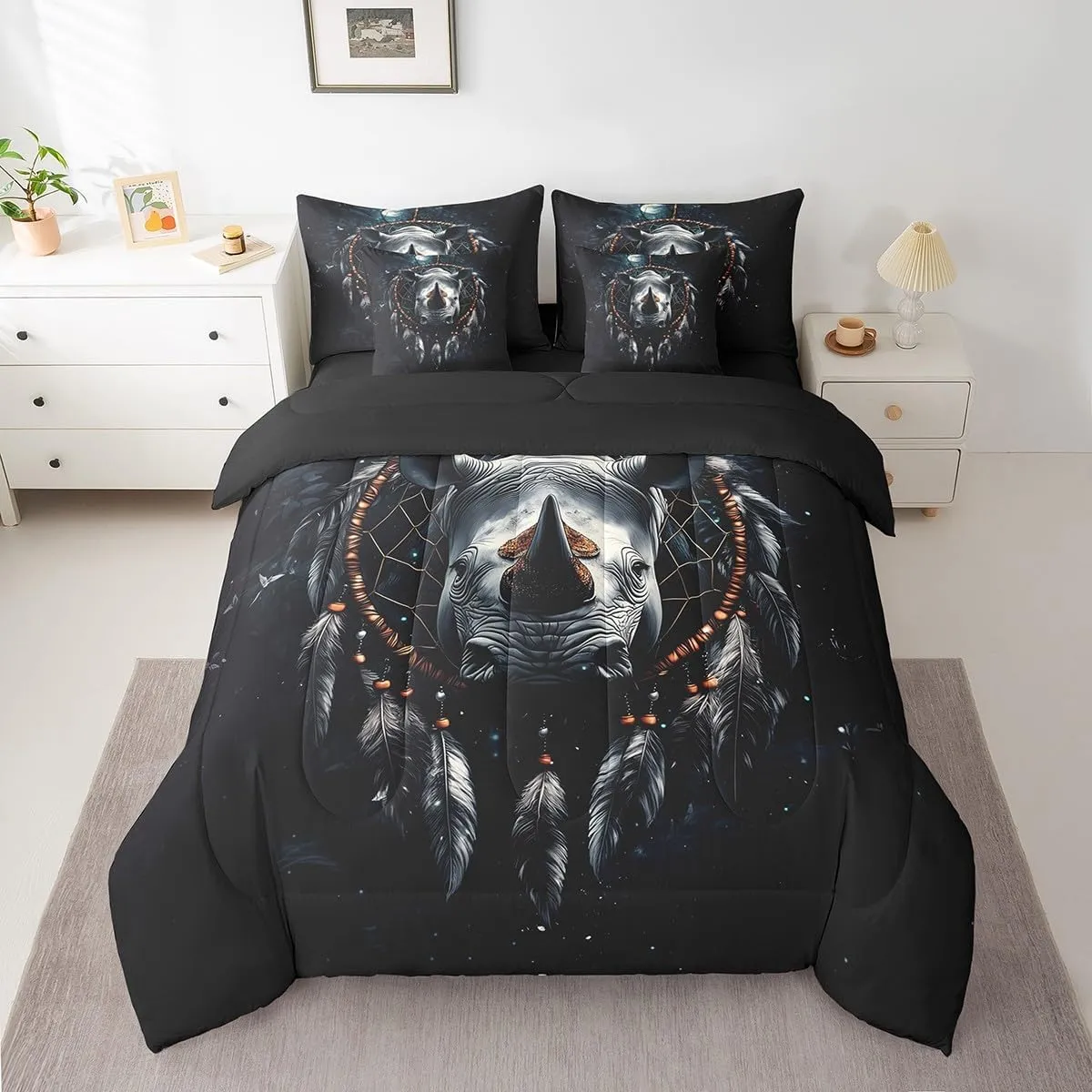 Erosebridal Rhinoceros Bed in a Bag Queen Comforter Set 7 Piece,Dream Catcher Bedding Sets,Boho Feather Sheet Set with Comforter Nautical Sea Animals Bed Set,Exotic Bohemian Decor