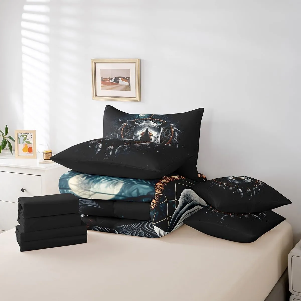 Erosebridal Rhinoceros Bed in a Bag Queen Comforter Set 7 Piece,Dream Catcher Bedding Sets,Boho Feather Sheet Set with Comforter Nautical Sea Animals Bed Set,Exotic Bohemian Decor