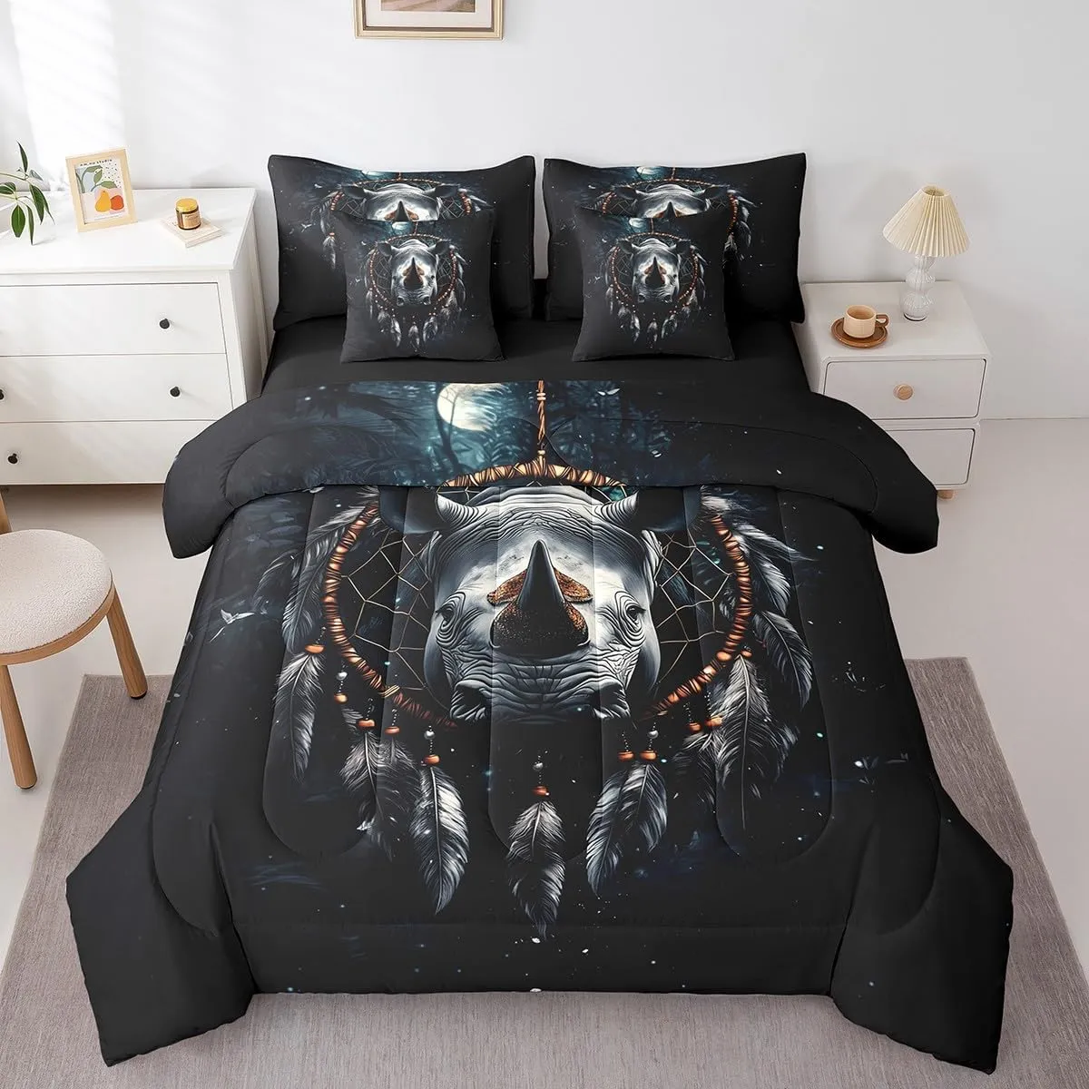 Erosebridal Rhinoceros Bed in a Bag Queen Comforter Set 7 Piece,Dream Catcher Bedding Sets,Boho Feather Sheet Set with Comforter Nautical Sea Animals Bed Set,Exotic Bohemian Decor