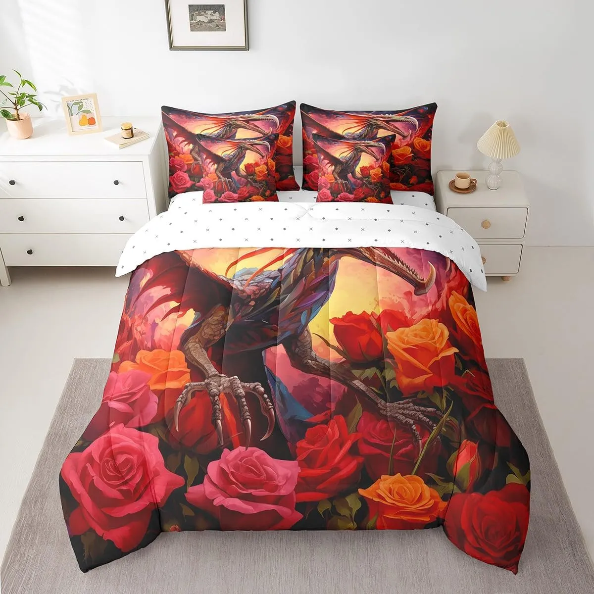 Erosebridal Rose Dragon Bed in a Bag Queen Comforter Set 7 Piece,Gothic Pterosaur Bedding Sets Jungle Animal Goth Dinosaurios Bed Sheets,Prehistoric Wildlife Flowers Sheet Set with Comforter