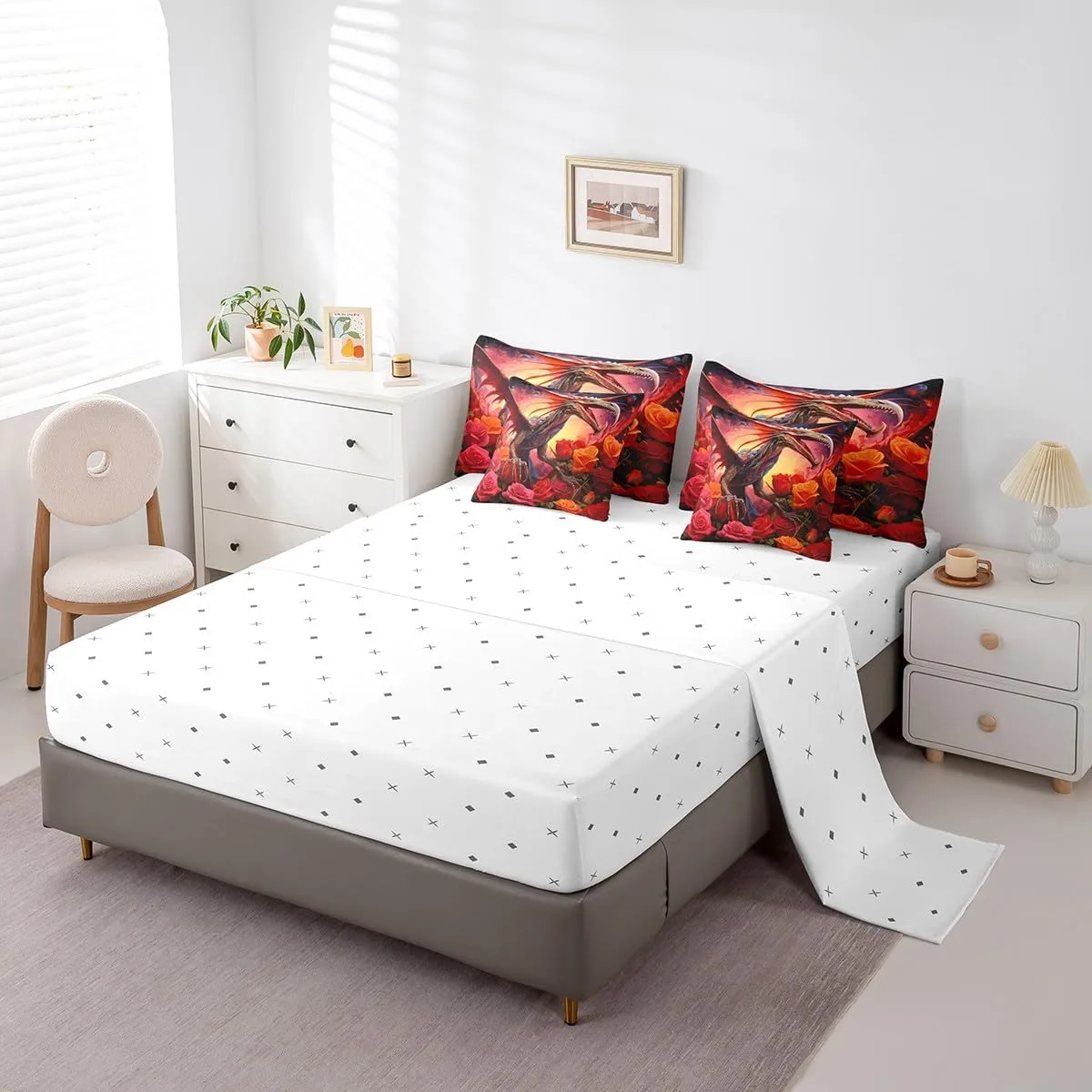 Erosebridal Rose Dragon Bed in a Bag Queen Comforter Set 7 Piece,Gothic Pterosaur Bedding Sets Jungle Animal Goth Dinosaurios Bed Sheets,Prehistoric Wildlife Flowers Sheet Set with Comforter