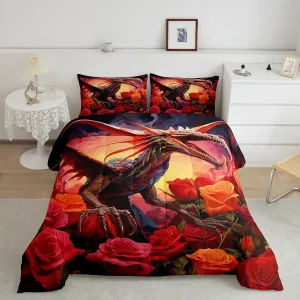 Erosebridal Rose Dragon Bed in a Bag Queen Comforter Set 7 Piece,Gothic Pterosaur Bedding Sets Jungle Animal Goth Dinosaurios Bed Sheets,Prehistoric Wildlife Flowers Sheet Set with Comforter