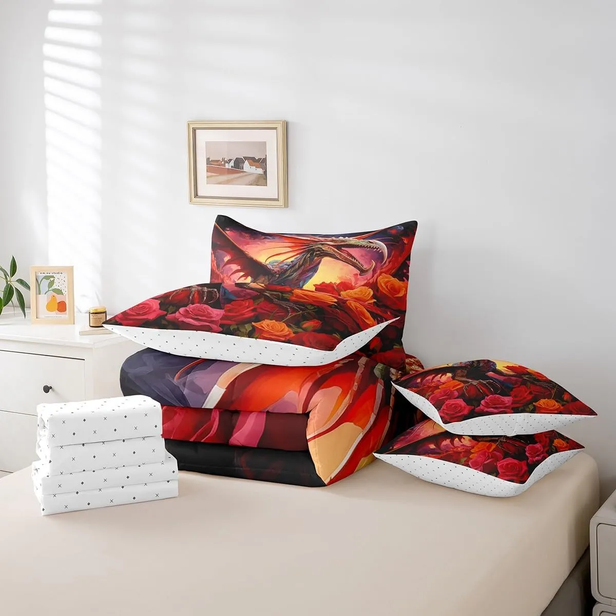 Erosebridal Rose Dragon Bed in a Bag Queen Comforter Set 7 Piece,Gothic Pterosaur Bedding Sets Jungle Animal Goth Dinosaurios Bed Sheets,Prehistoric Wildlife Flowers Sheet Set with Comforter