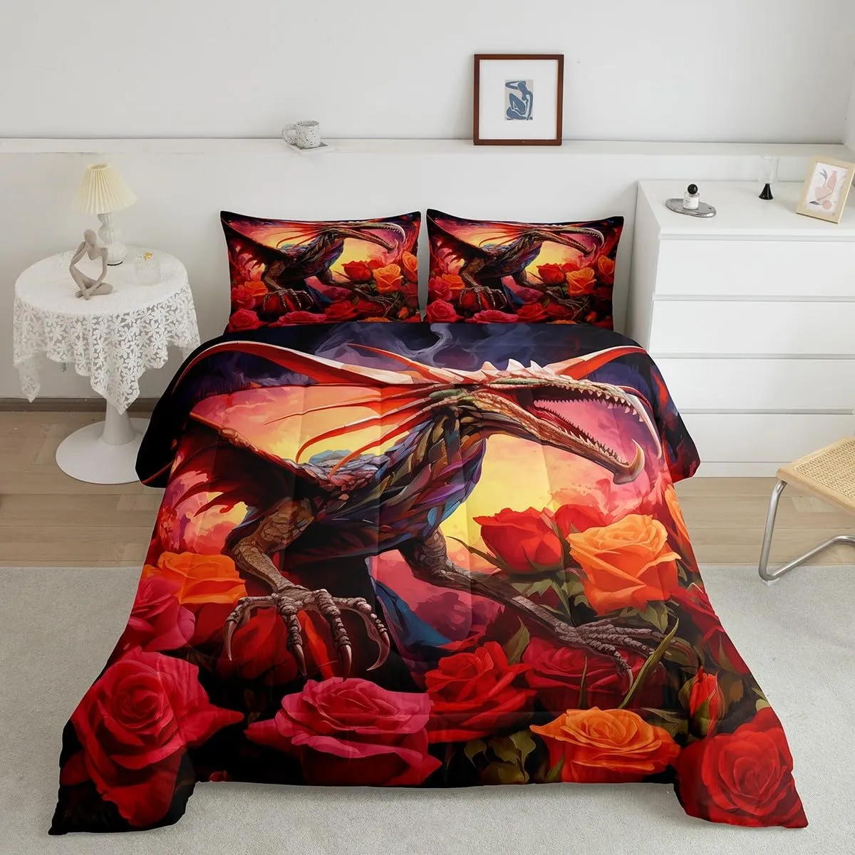 Erosebridal Rose Dragon Bed in a Bag Queen Comforter Set 7 Piece,Gothic Pterosaur Bedding Sets Jungle Animal Goth Dinosaurios Bed Sheets,Prehistoric Wildlife Flowers Sheet Set with Comforter