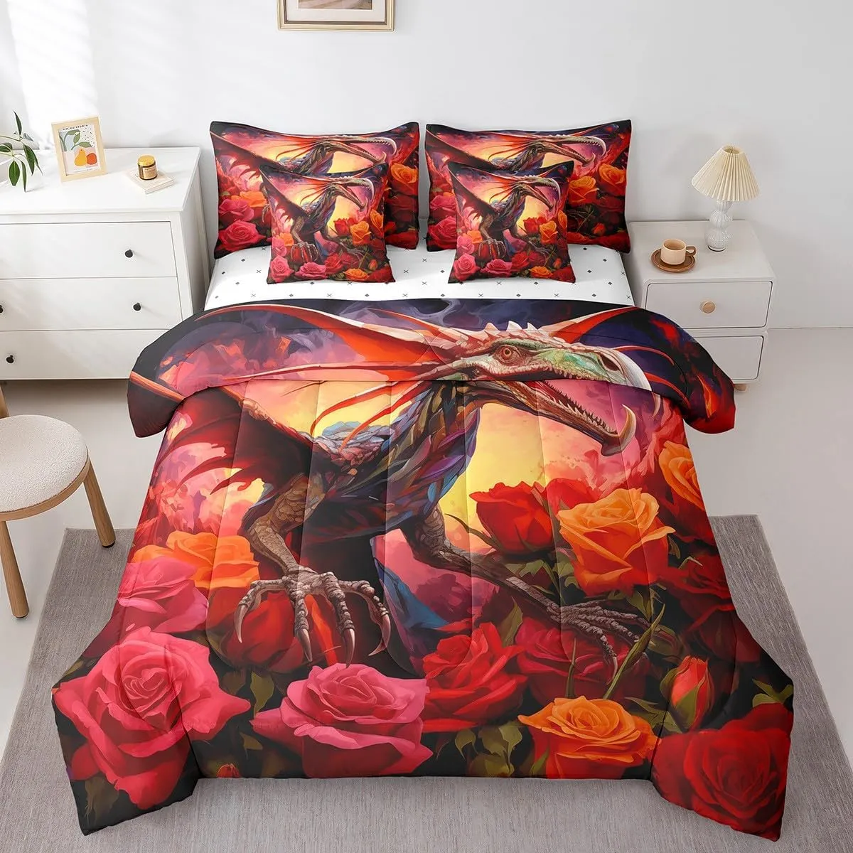 Erosebridal Rose Dragon Bed in a Bag Queen Comforter Set 7 Piece,Gothic Pterosaur Bedding Sets Jungle Animal Goth Dinosaurios Bed Sheets,Prehistoric Wildlife Flowers Sheet Set with Comforter