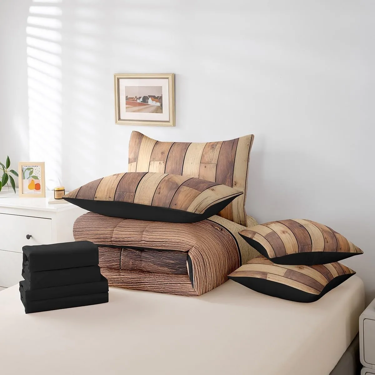 Erosebridal Rustic Plank Comforter Set 7 Piece Bed in a Bag Twin,Brown Wood Bedding Sets Dark Wood Texture Sheet Set with Comforter,Old Natural Pattern Bed Set