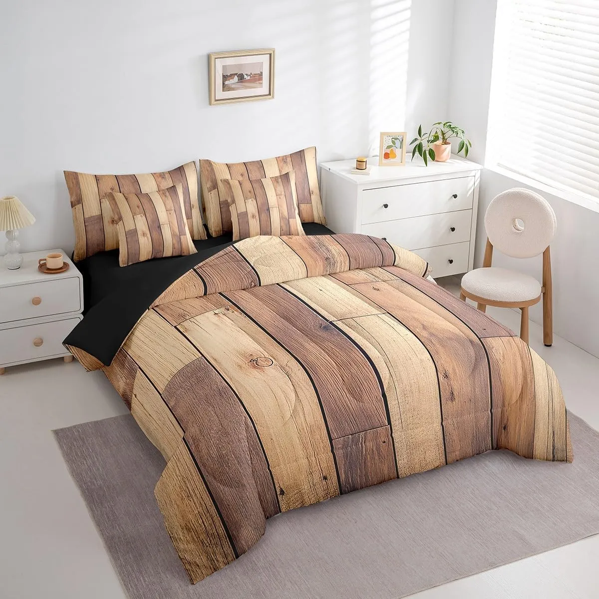 Erosebridal Rustic Plank Comforter Set 7 Piece Bed in a Bag Twin,Brown Wood Bedding Sets Dark Wood Texture Sheet Set with Comforter,Old Natural Pattern Bed Set
