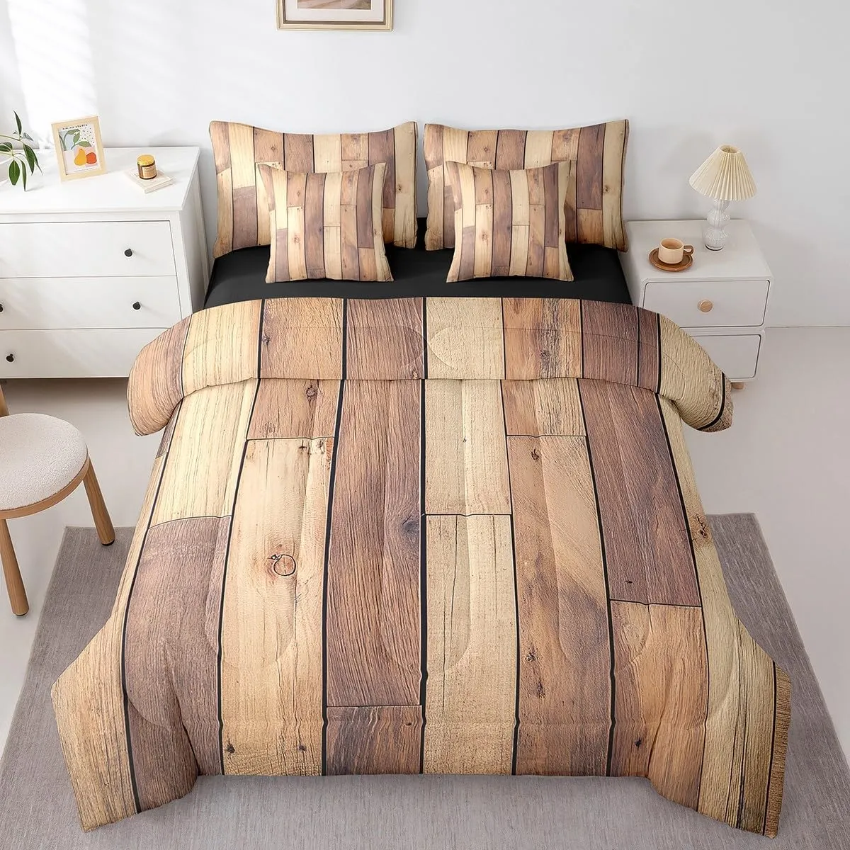 Erosebridal Rustic Plank Comforter Set 7 Piece Bed in a Bag Twin,Brown Wood Bedding Sets Dark Wood Texture Sheet Set with Comforter,Old Natural Pattern Bed Set