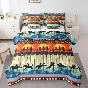Erosebridal Western Bed in a Bag Queen Comforter Set 7 Piece,Vintage Sunset Bedding Sets Cowboys Gifts for Men Horseshoe Sheet Set with Comforter Equestrian Country Western Room Decor