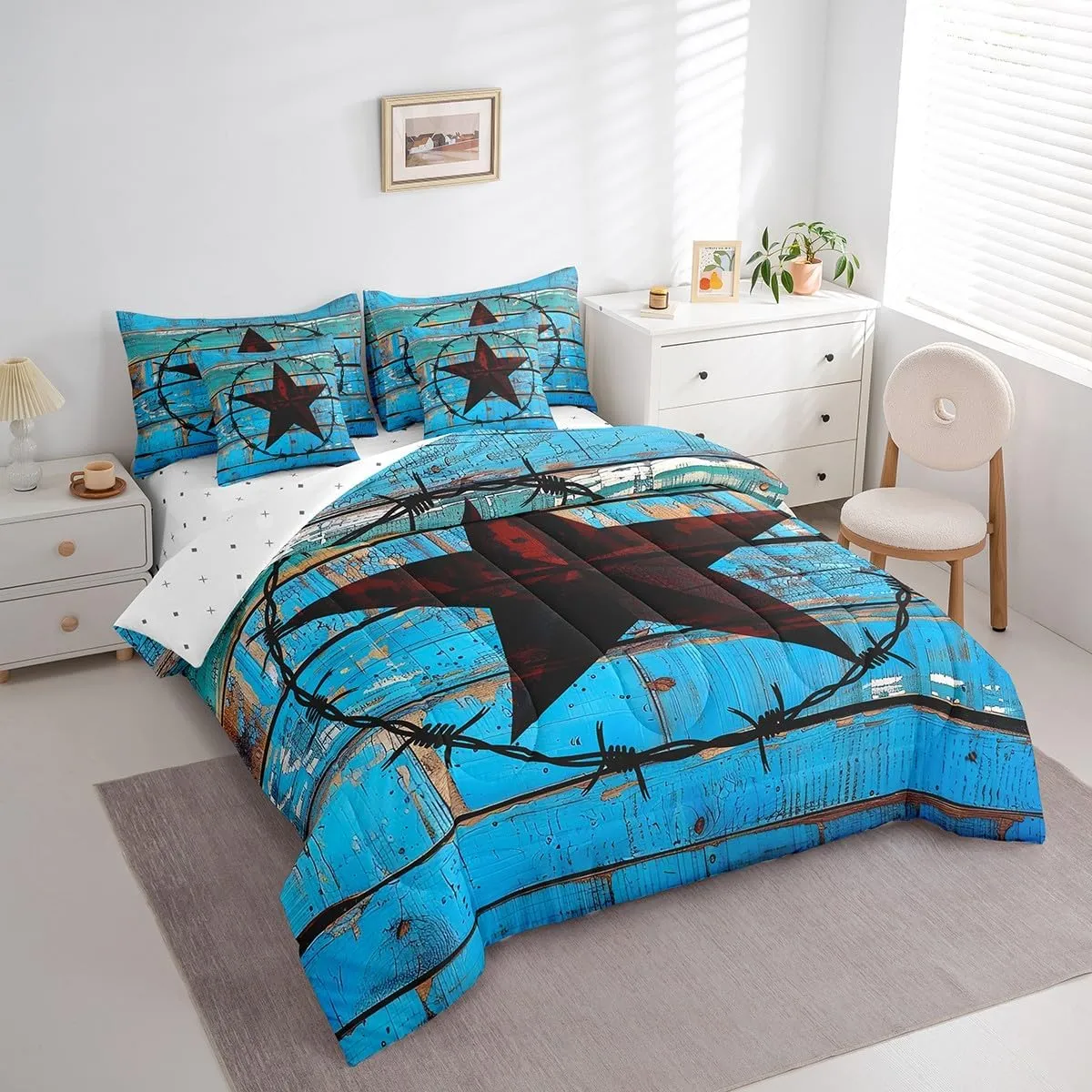 Erosebridal Western Texas Star 7 Piece Comforter Set Full Bed in a Bag,Vintage Circle Bedding Sets Rustic Wood Plank Cowboy Sheet Set with Comforter