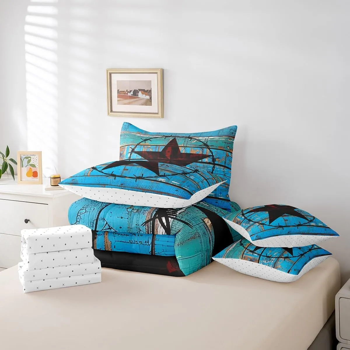 Erosebridal Western Texas Star 7 Piece Comforter Set Full Bed in a Bag,Vintage Circle Bedding Sets Rustic Wood Plank Cowboy Sheet Set with Comforter