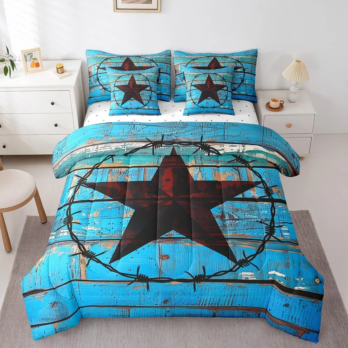 Erosebridal Western Texas Star 7 Piece Comforter Set Full Bed in a Bag,Vintage Circle Bedding Sets Rustic Wood Plank Cowboy Sheet Set with Comforter