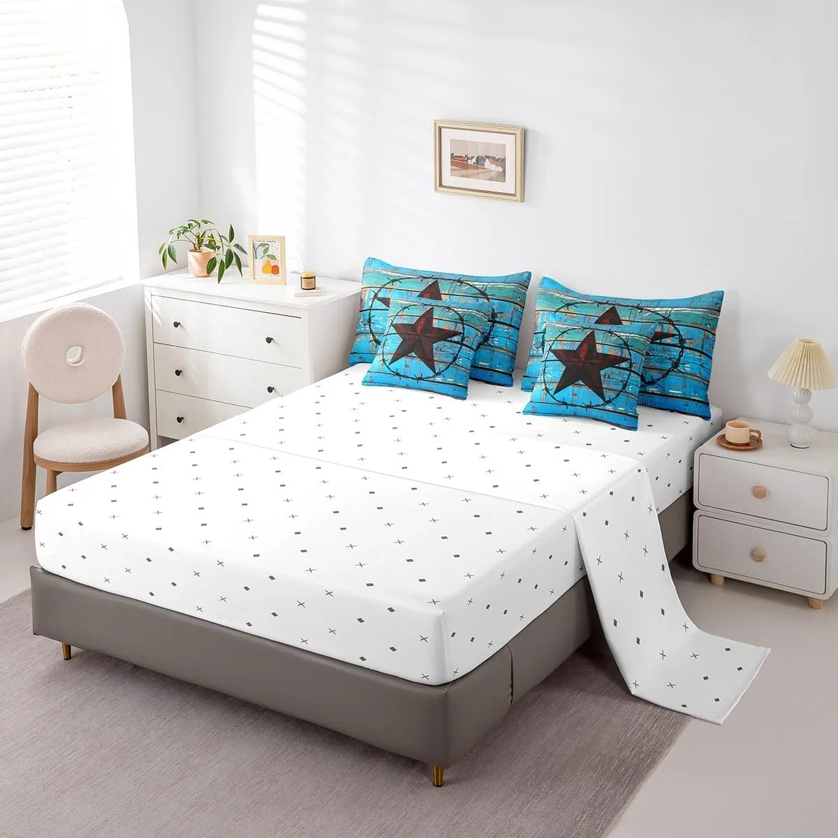 Erosebridal Western Texas Star 7 Piece Comforter Set Full Bed in a Bag,Vintage Circle Bedding Sets Rustic Wood Plank Cowboy Sheet Set with Comforter