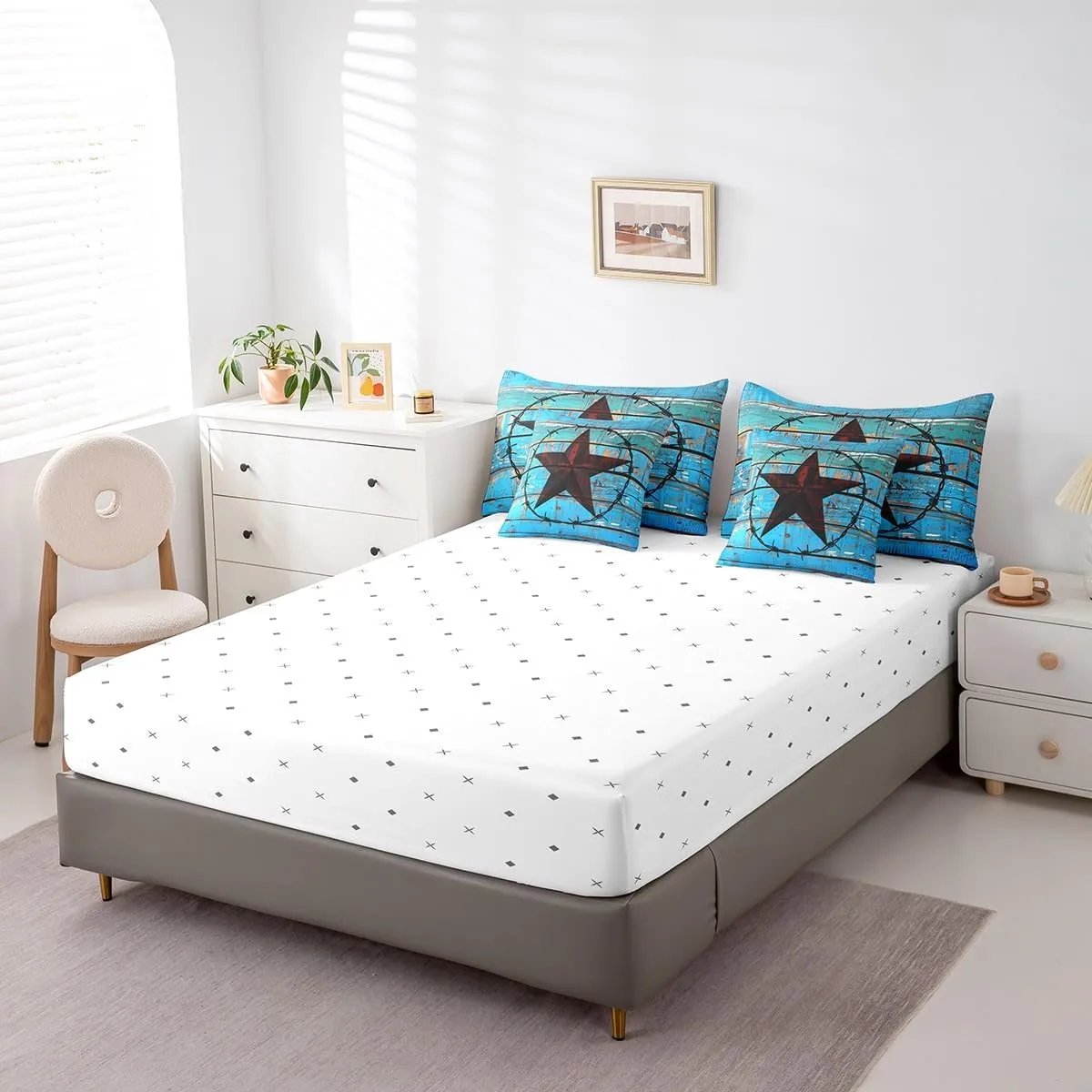 Erosebridal Western Texas Star 7 Piece Comforter Set Full Bed in a Bag,Vintage Circle Bedding Sets Rustic Wood Plank Cowboy Sheet Set with Comforter