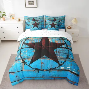 Erosebridal Western Texas Star 7 Piece Comforter Set Full Bed in a Bag,Vintage Circle Bedding Sets Rustic Wood Plank Cowboy Sheet Set with Comforter