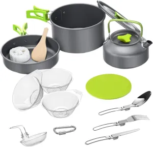 Essential Camping Cookware Kit 14pcs Portable Cooking Utensils Pot Pan Bowl Spoon Fork Cutlery Non-Stick Compact for Travel