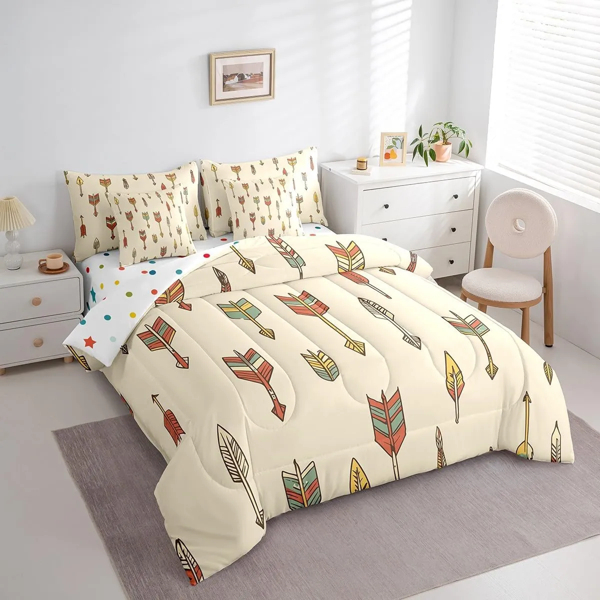 Ethnic Tribe Arrow Aztec Bed in a Bag King Size Comforter Set 7 Pieces,Exotic Bedding Sets African Tribe Boho Decor Sheet Set with Comforter,Southwest Native American Western Bed Set