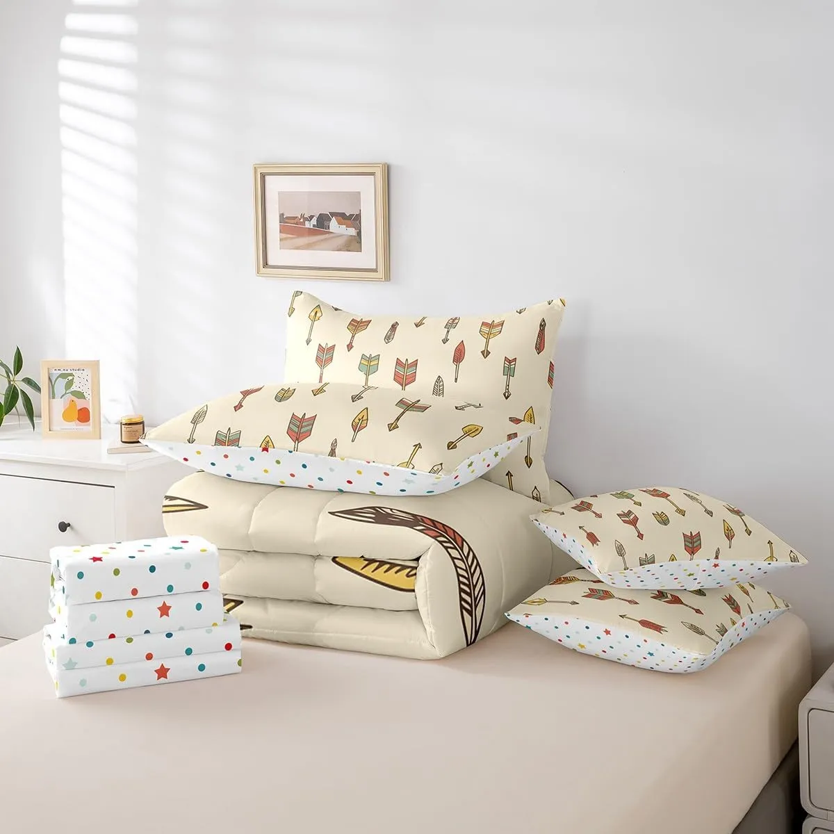 Ethnic Tribe Arrow Aztec Bed in a Bag King Size Comforter Set 7 Pieces,Exotic Bedding Sets African Tribe Boho Decor Sheet Set with Comforter,Southwest Native American Western Bed Set