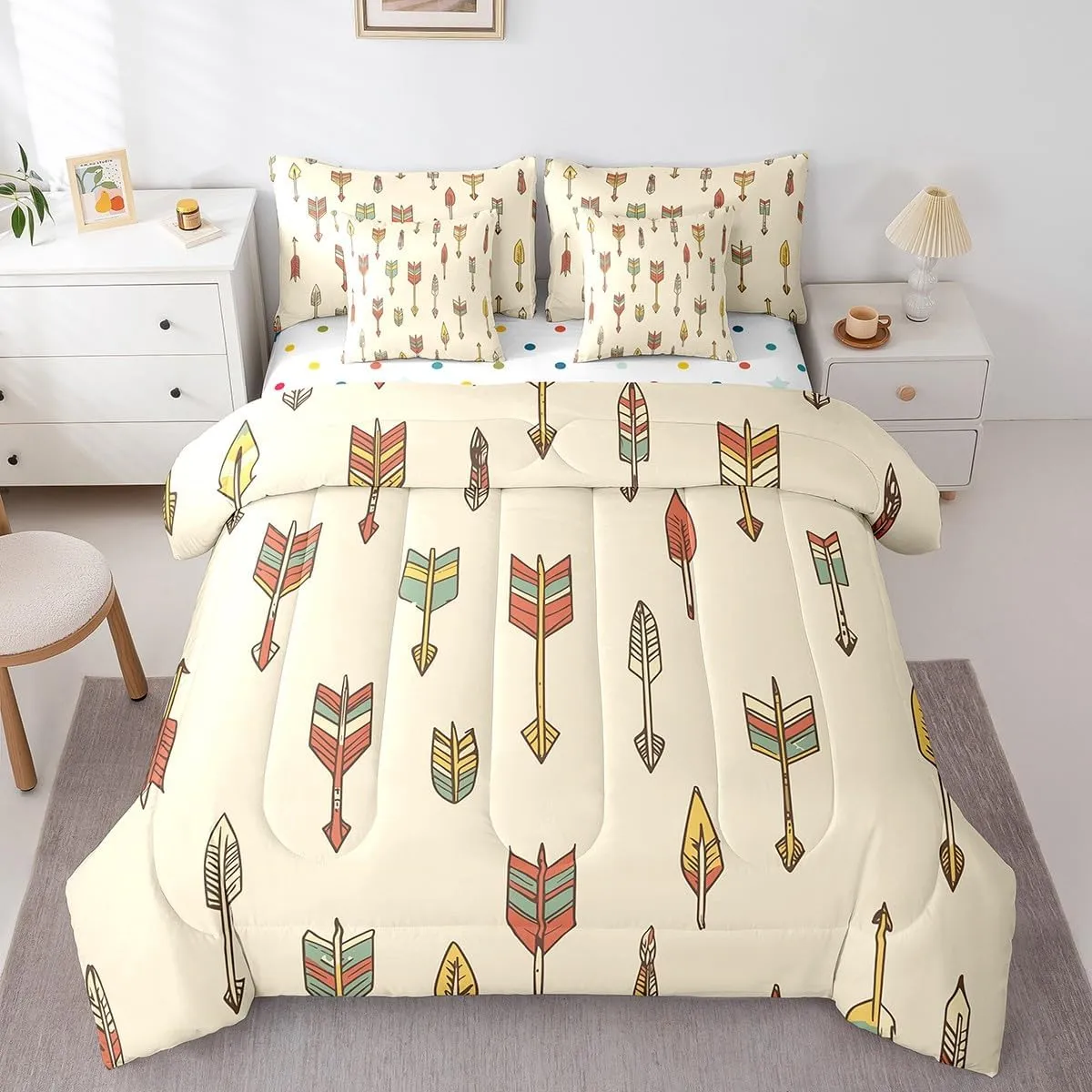 Ethnic Tribe Arrow Aztec Bed in a Bag King Size Comforter Set 7 Pieces,Exotic Bedding Sets African Tribe Boho Decor Sheet Set with Comforter,Southwest Native American Western Bed Set
