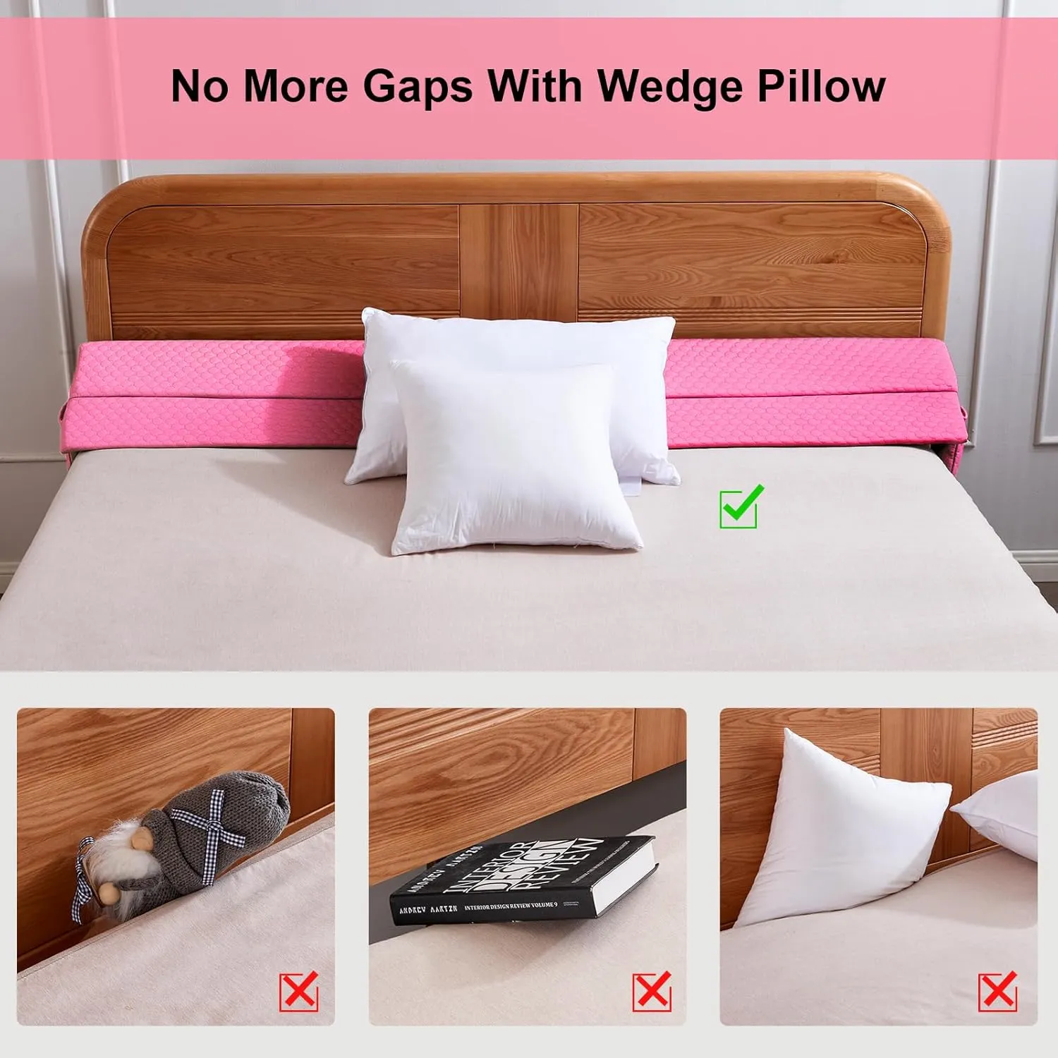 EUHAMS Full Size Bed Wedge Pillow - Bed Gap Filler Mattress Wedge Headboard Pillow Close The Gap 0-7" Between Your Headboard and Mattress or Wall for Sleeping Backrest Pillow（Pink 54"x10"x6" ）