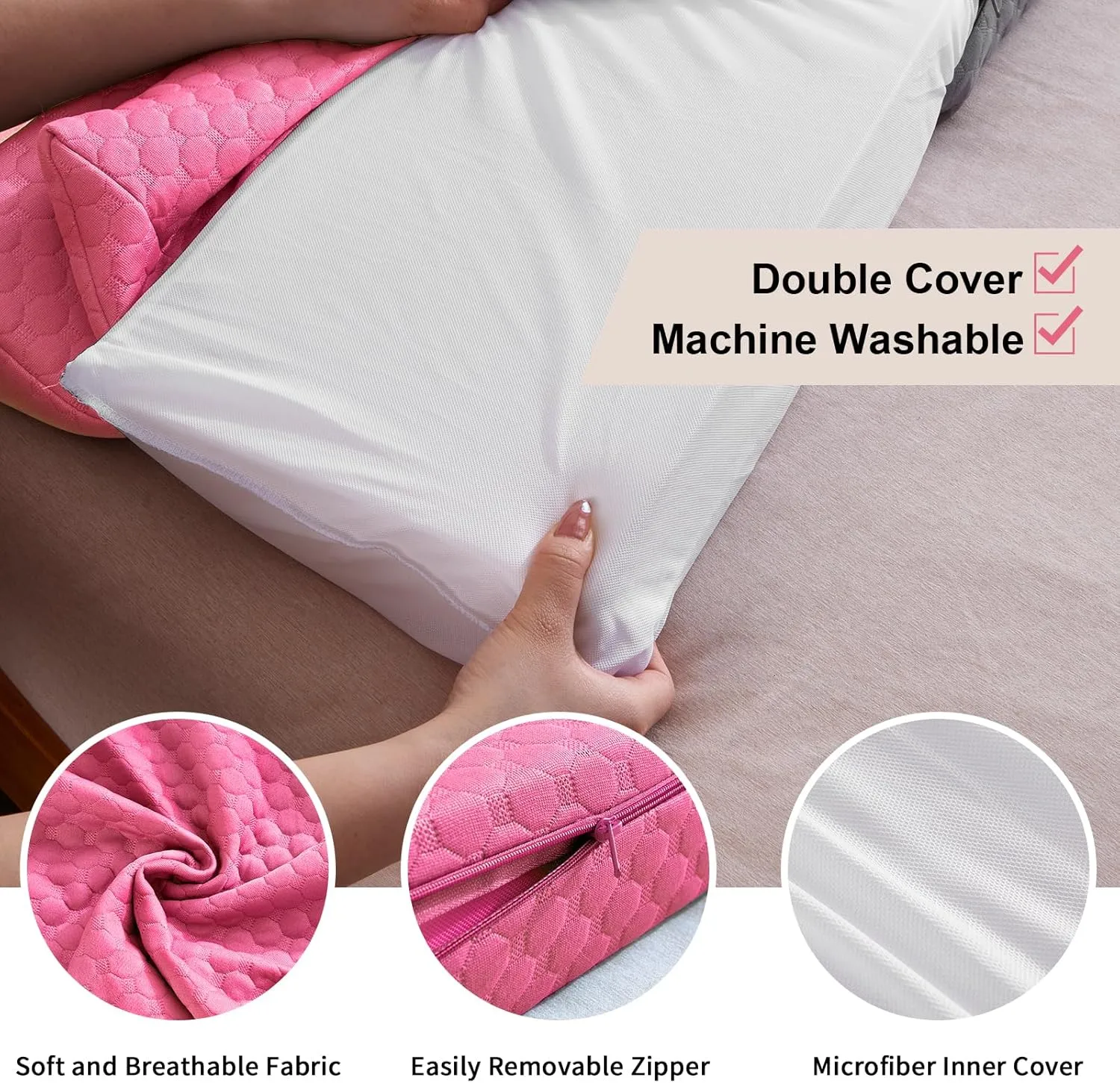 EUHAMS Full Size Bed Wedge Pillow - Bed Gap Filler Mattress Wedge Headboard Pillow Close The Gap 0-7" Between Your Headboard and Mattress or Wall for Sleeping Backrest Pillow（Pink 54"x10"x6" ）