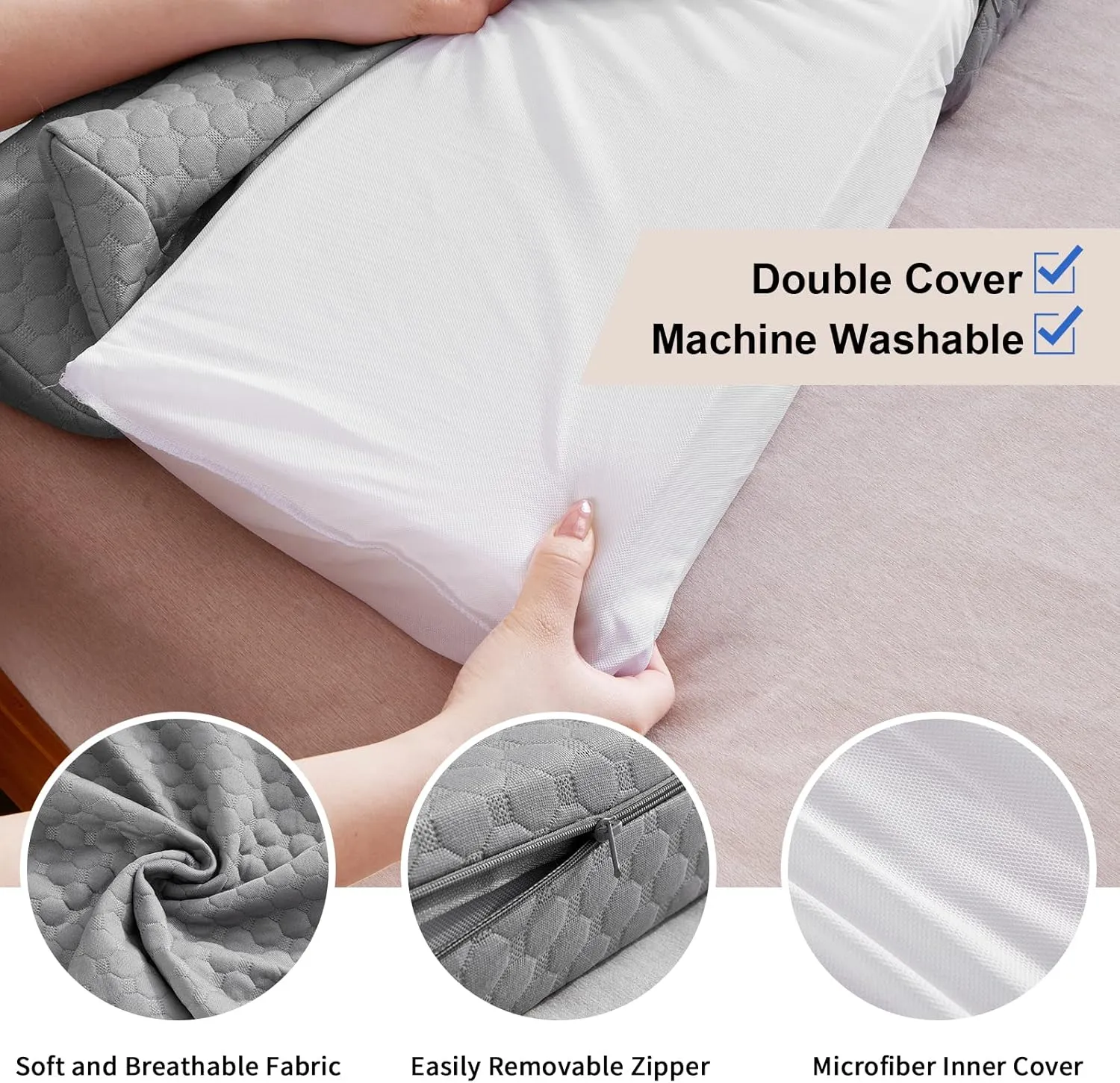 EUHAMS Queen Size Bed Wedge Pillow - Bed Gap Filler Mattress Wedge Headboard Pillow Close The Gap 0-7" Between Your Headboard and Mattress or Wall for Sleeping Backrest Pillow (60"x10"x6" Gray)